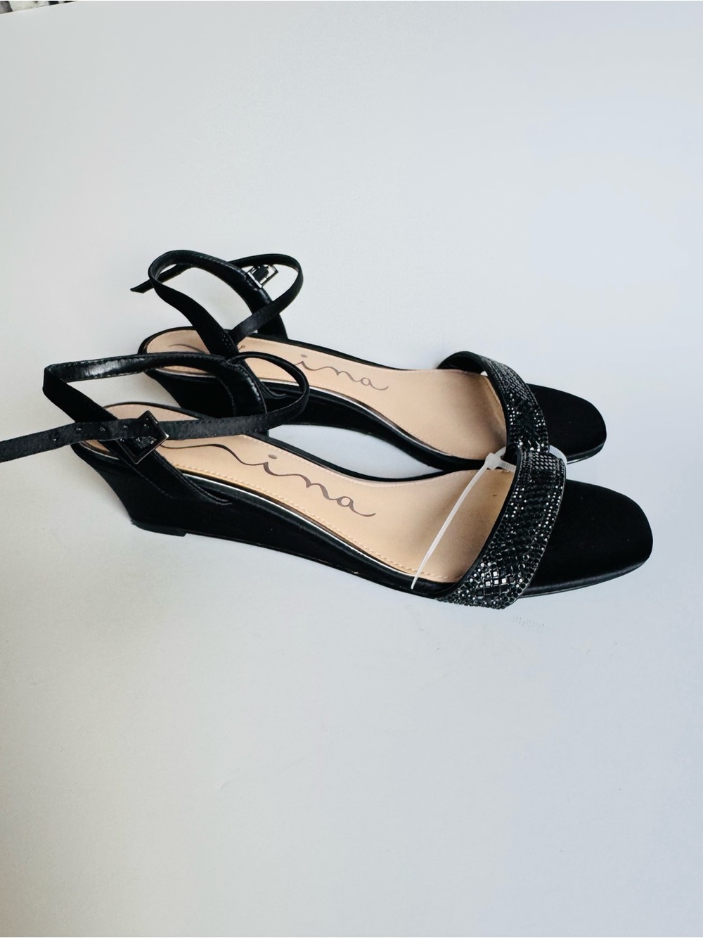 Nina Black Low Wedge Ankle-Strap Sandals with Glitter Front Strap